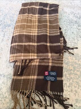 Chaps Brown and Tan Plaid Fringe Scarf